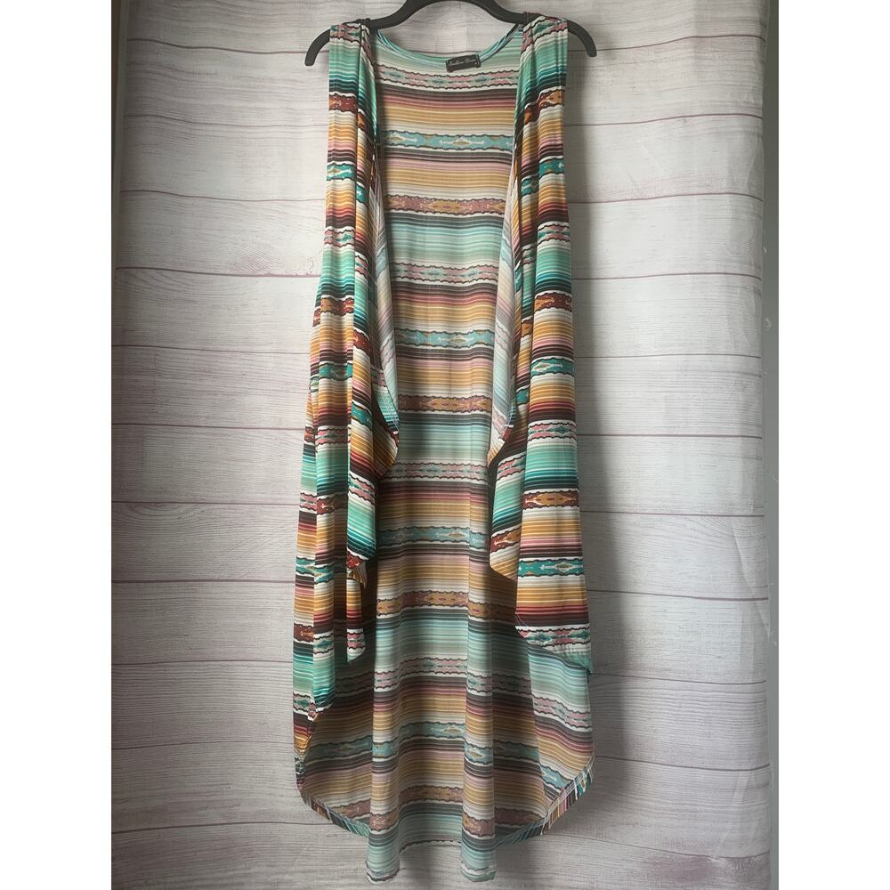 Southern Charm Long Colorful Striped Cardigan Vest Asymmetrical Southwestern